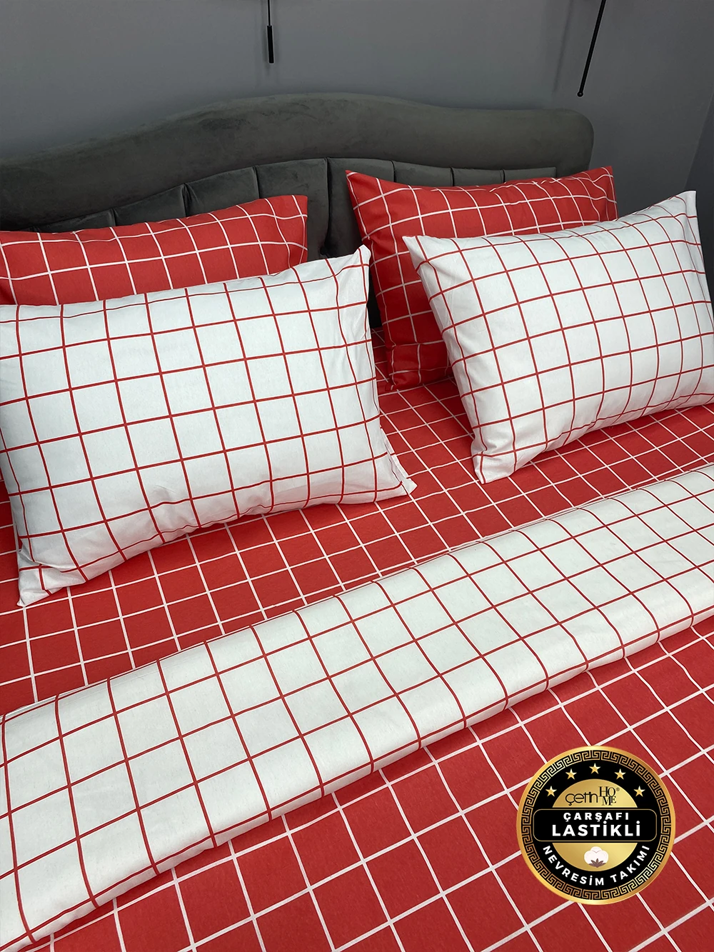 Çetinhome Çarşafı Lastikli Çift Kişilik Nevresim Takımı Kare Kiremit