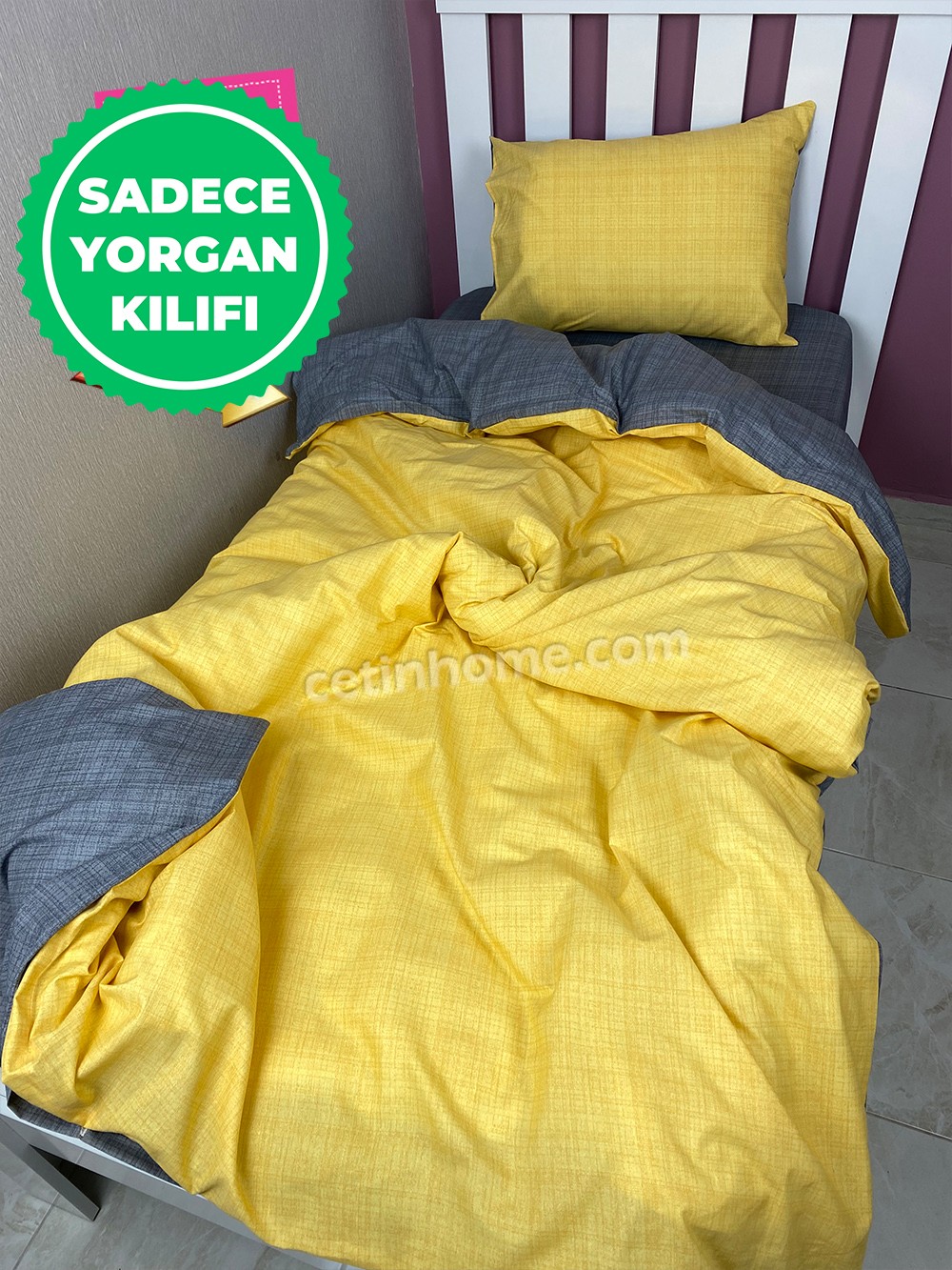Tek Kişilik Yorgan Kılıfı Fırça Gri Sarı