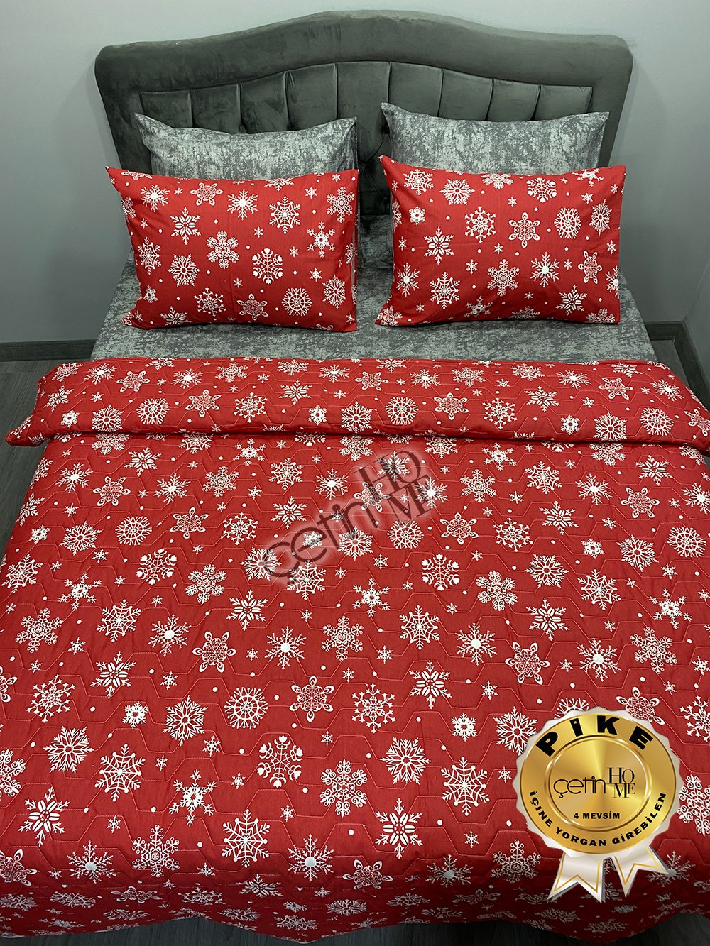 Çetinhome Çift Kişilik Çarşafı Lastikli Kapitone Pike Takımı 4 Mevsim Kar