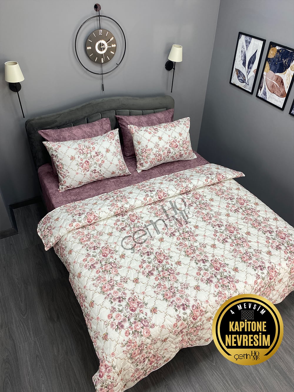 Çetinhome Çift Kişilik Çarşafı Lastikli Kapitone Pike Takımı 4 Mevsim Güz Gülleri