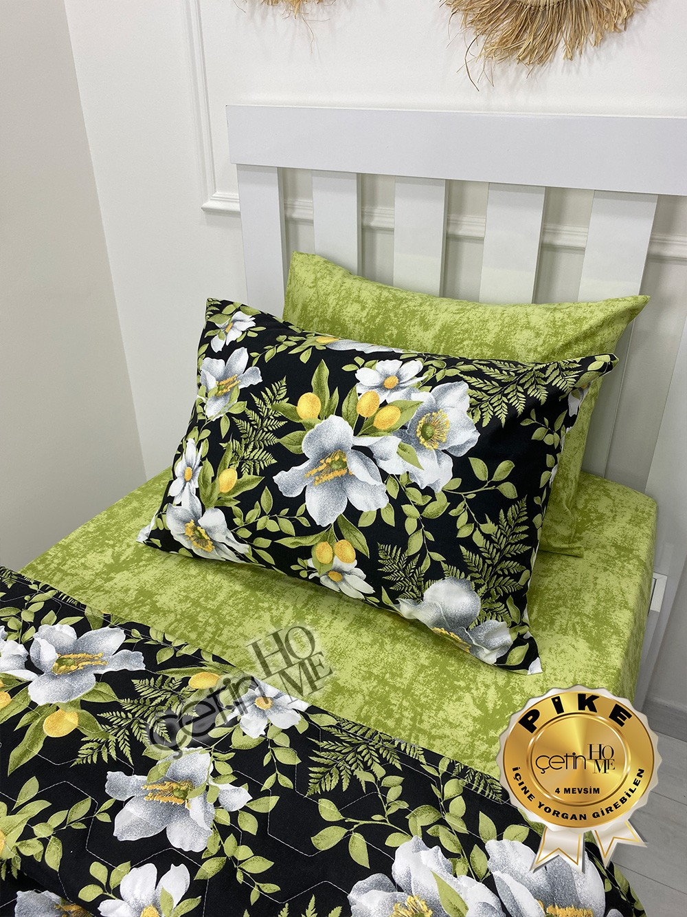 Çetinhome Tek Kişilik Çarşafı Lastikli Kapitone Pike Takımı 4 Mevsim Limon Çiçeği