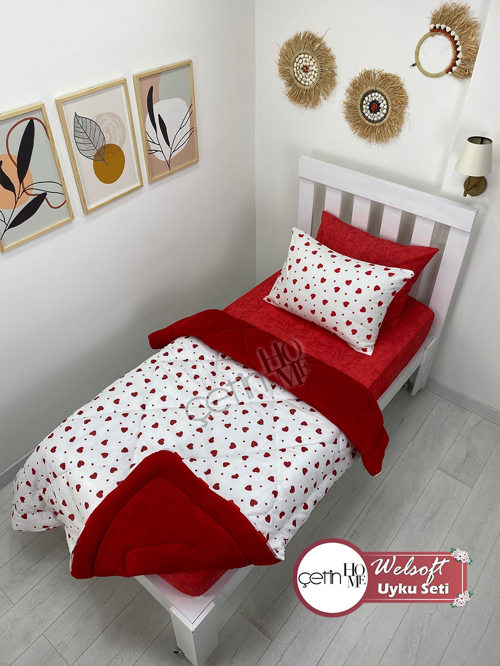 Çetinhome Tek Kişilik Çarşafı Lastikli Desenli Welsoft Yorgan Kalp Kırmızı