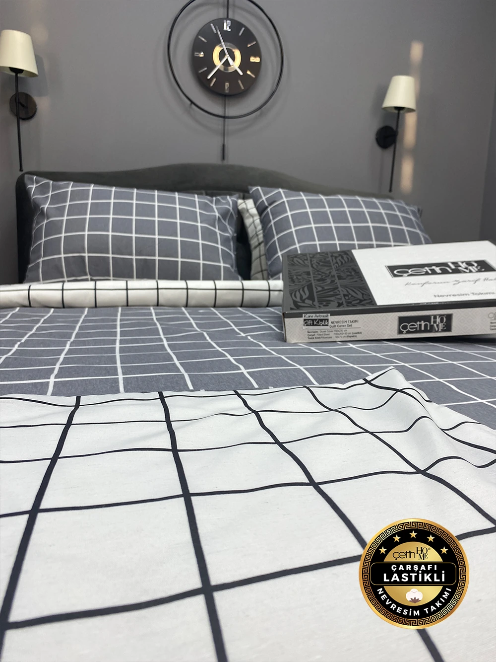 Çetinhome Çarşafı Lastikli Çift Kişilik Nevresim Takımı Kare Antrasit