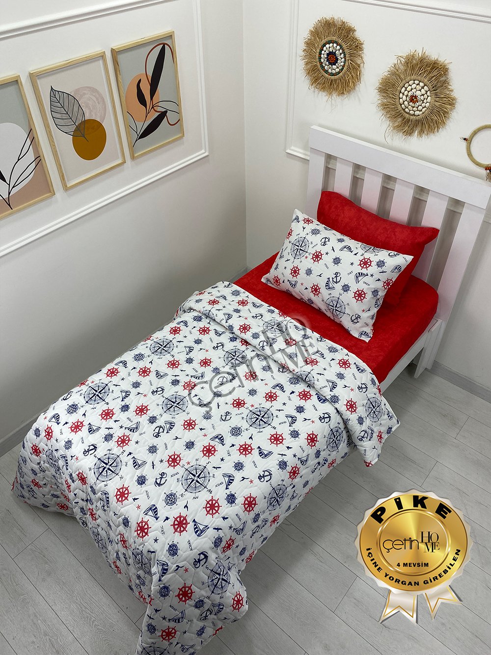 Çetinhome Tek Kişilik Çarşafı Lastikli Kapitone Pike Takımı 4 Mevsim Denizci Kırmızı