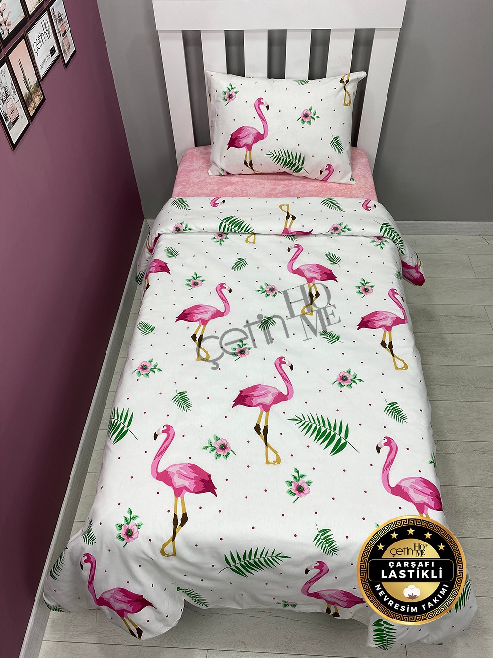 Çetinhome Çarşafı Lastikli Tek Kişilik Nevresim Takımı Flamingo