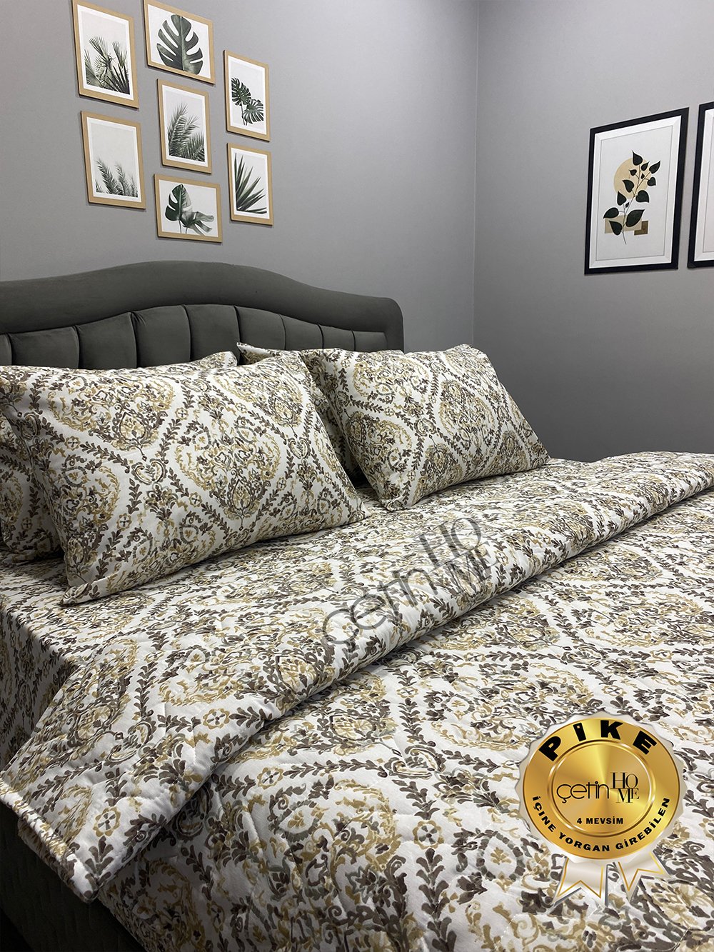 Çetinhome Çift Kişilik Çarşafı Lastikli Kapitone Pike Takımı 4 Mevsim Harem Gold