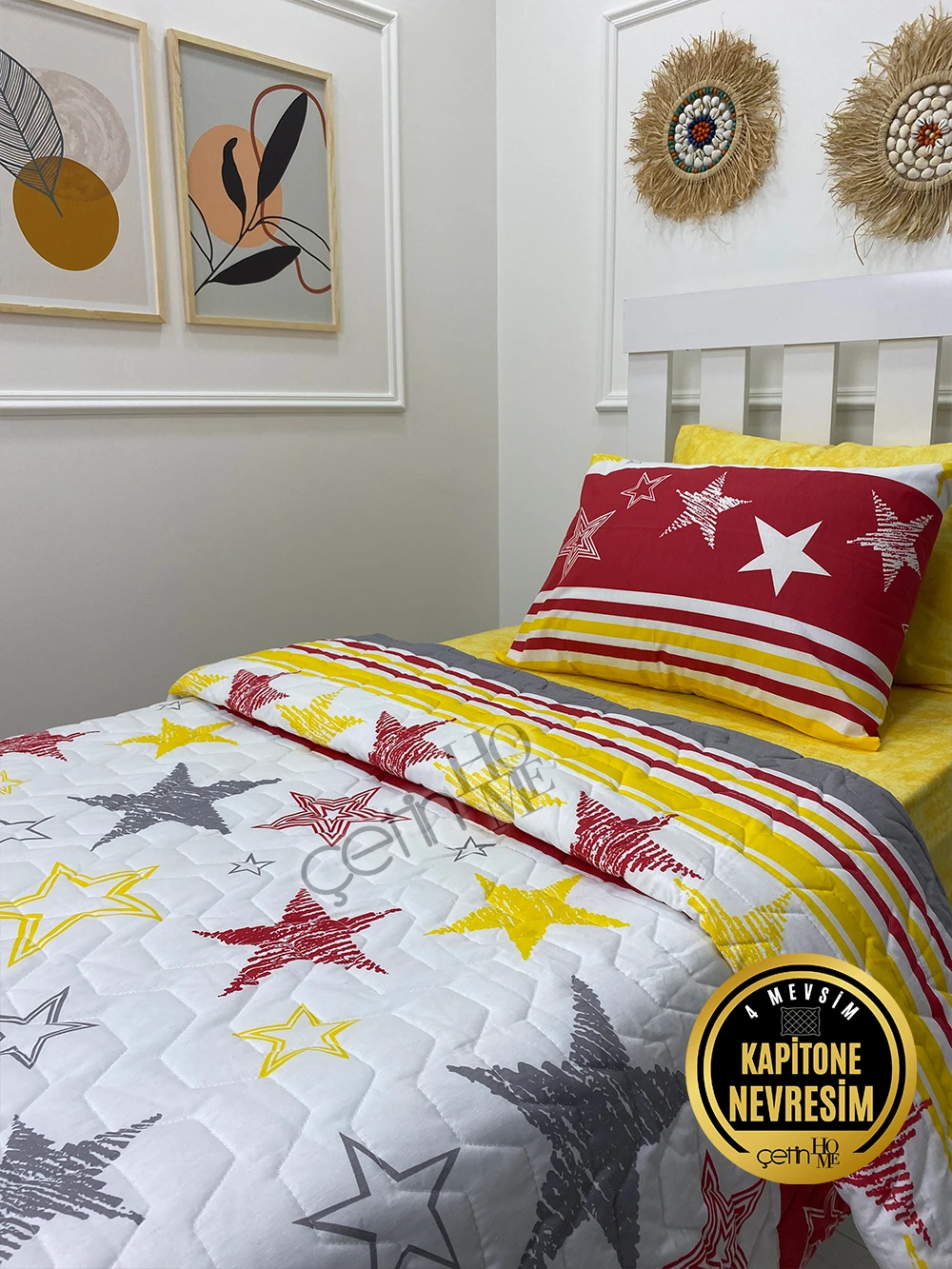 Çetinhome Tek Kişilik Çarşafı Lastikli Kapitone Pike Takımı 4 Mevsim Sarı Kırmızı