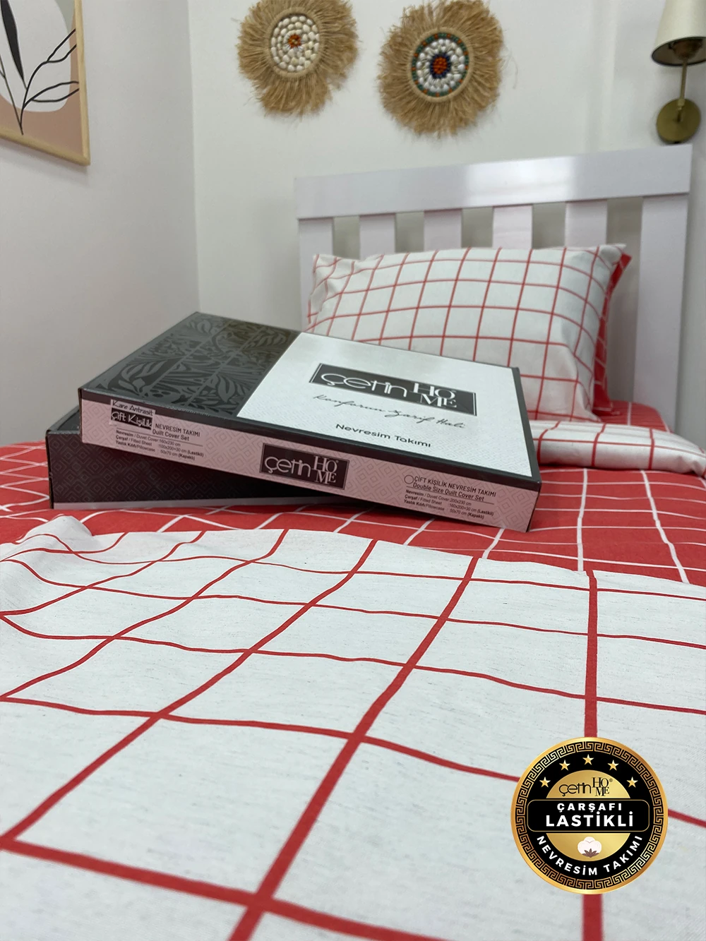 Çetinhome Çarşafı Lastikli Tek Kişilik Nevresim Takımı Kare Kiremit