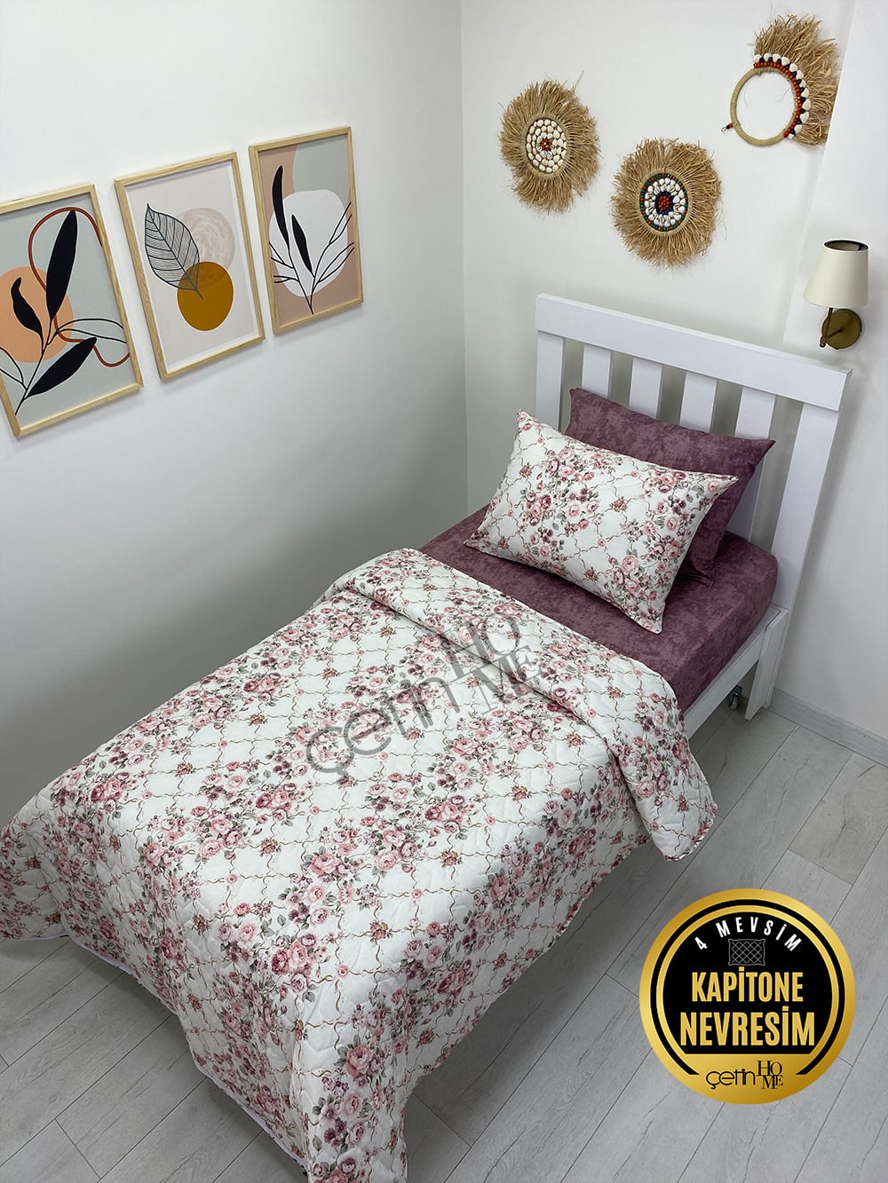 Çetinhome Tek Kişilik Çarşafı Lastikli Kapitone Pike Takımı 4 Mevsim Güz Gülleri