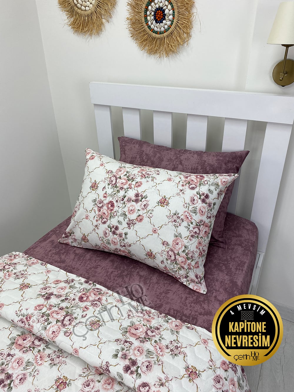 Çetinhome Tek Kişilik Çarşafı Lastikli Kapitone Pike Takımı 4 Mevsim Güz Gülleri