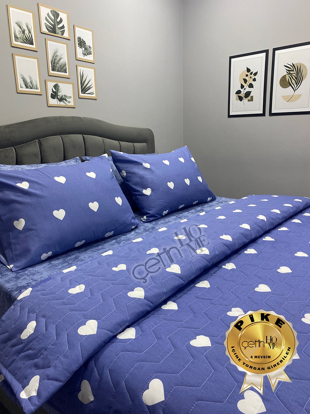 Çetinhome Çift Kişilik Çarşafı Lastikli Kapitone Pike Takımı 4 Mevsim Blue Kalp