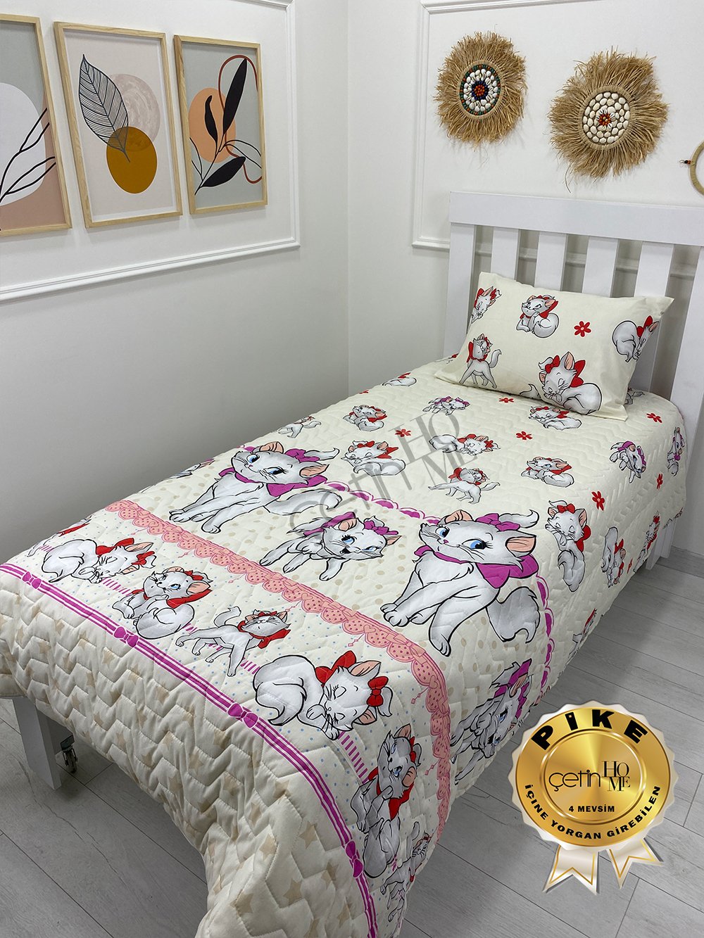 Çetinhome Tek Kişilik Kapitone Pike Seti 4 Mevsim Sevimli Kedi