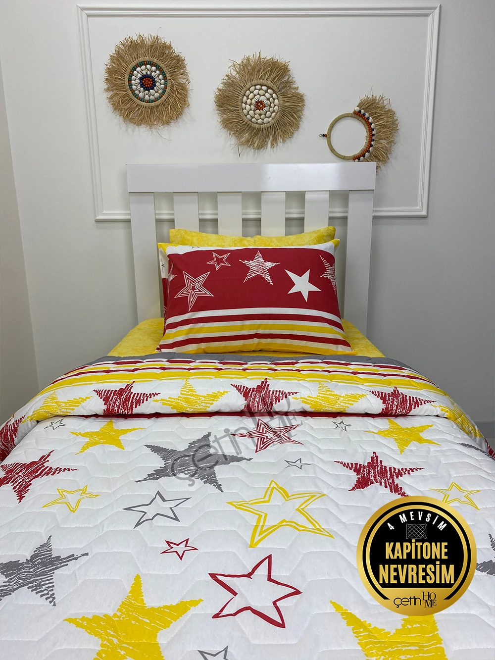 Çetinhome Tek Kişilik Çarşafı Lastikli Kapitone Pike Takımı 4 Mevsim Sarı Kırmızı