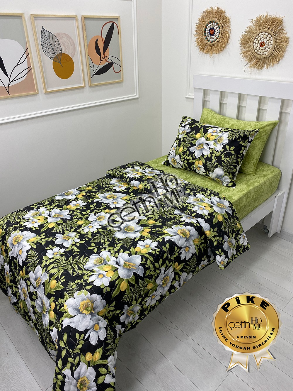 Çetinhome Tek Kişilik Çarşafı Lastikli Kapitone Pike Takımı 4 Mevsim Limon Çiçeği