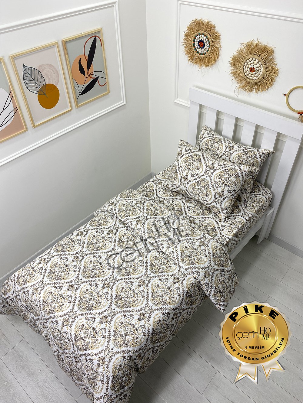 Çetinhome Tek Kişilik Çarşafı Lastikli Kapitone Pike Takımı 4 Mevsim Harem Gold