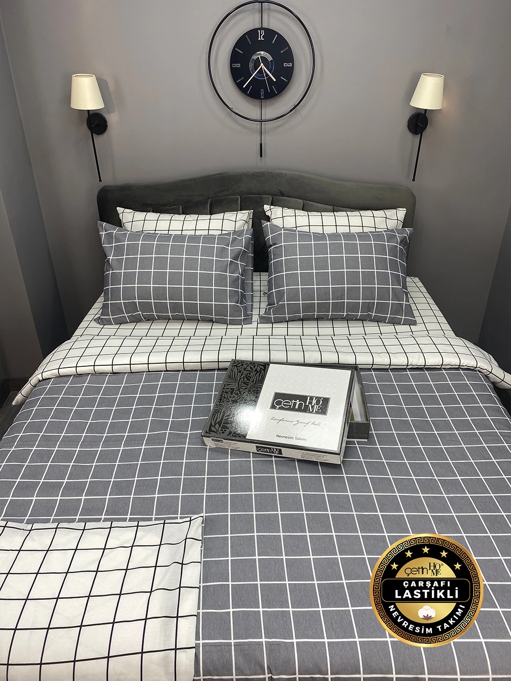 Çetinhome Çarşafı Lastikli Çift Kişilik Nevresim Takımı Kare Antrasit