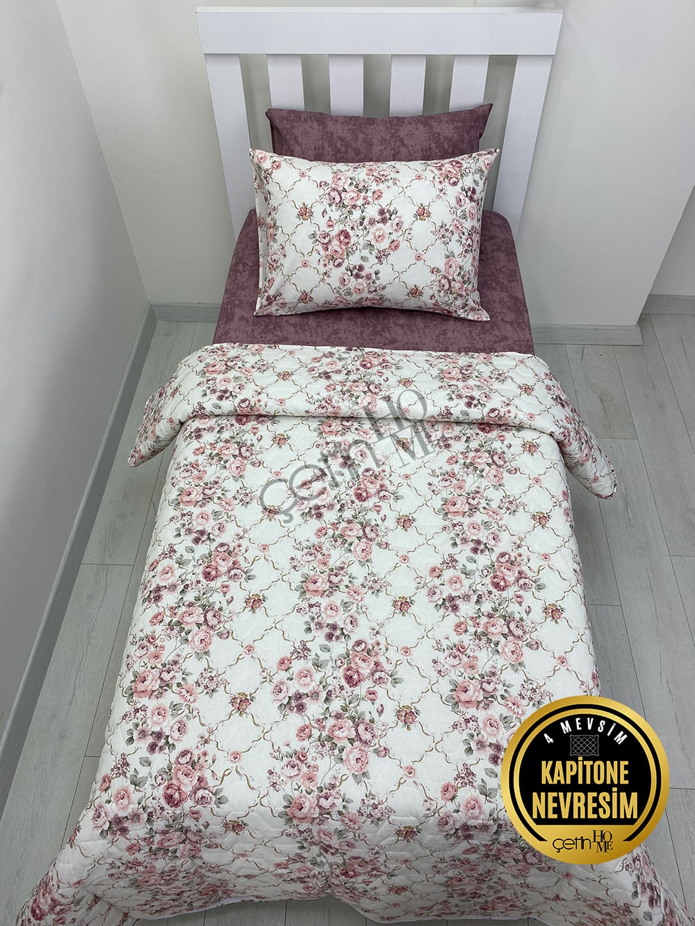 Çetinhome Tek Kişilik Çarşafı Lastikli Kapitone Pike Takımı 4 Mevsim Güz Gülleri