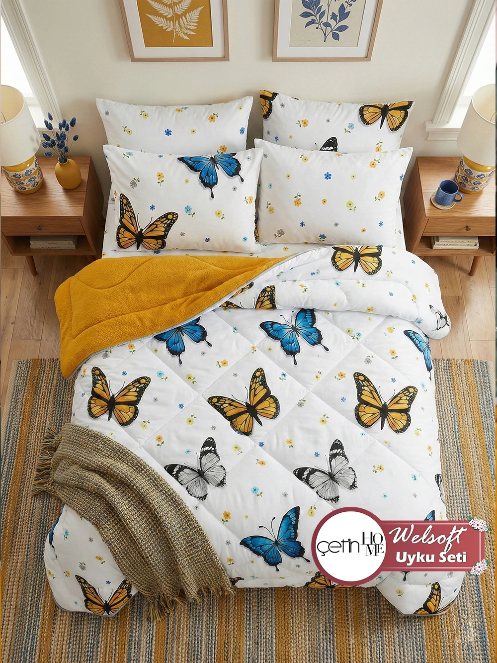 Çetinhome Çift Kişilik Çarşafı Lastikli Welsoft Uyku Seti - Rüya Hardal