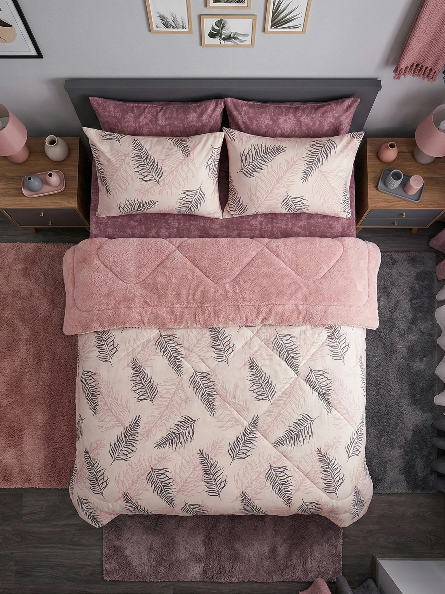 Çetinhome Çift Kişilik Çarşafı Lastikli Desenli Welsoft Yorgan Seti Yaprak Gül Kurusu