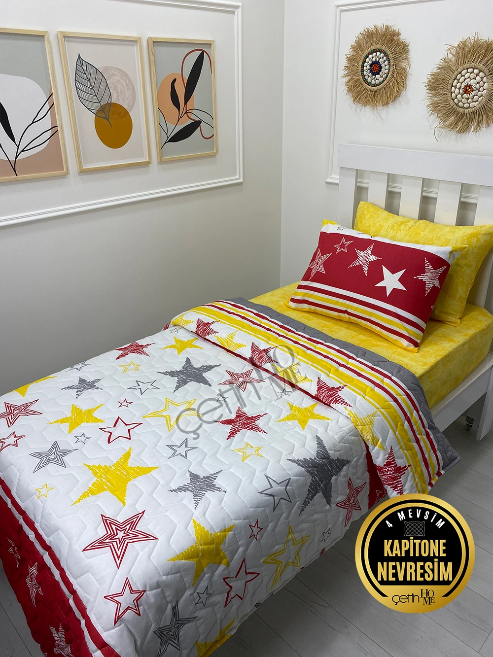 Çetinhome Tek Kişilik Çarşafı Lastikli Kapitone Pike Takımı 4 Mevsim Sarı Kırmızı