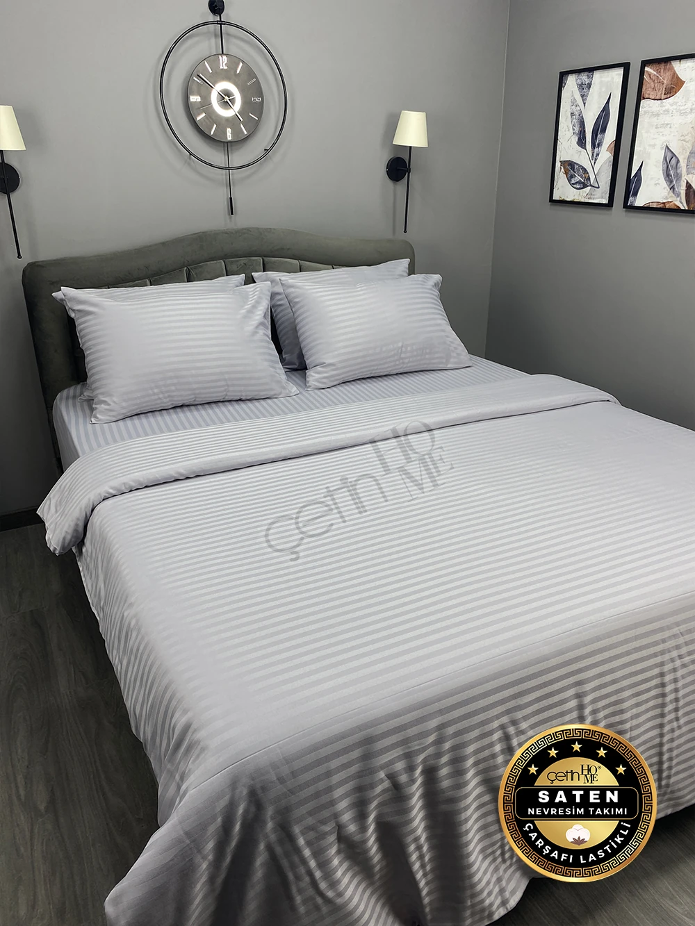 Çetinhome Çift Kişilik Çizgili Saten Nevresim Takımı