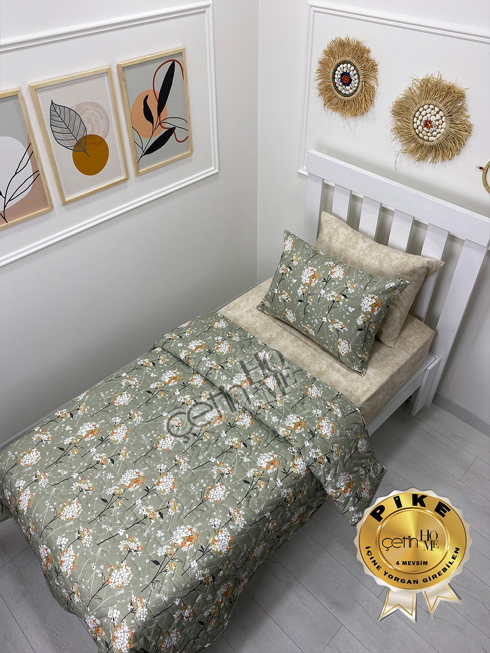 Çetinhome Tek Kişilik Çarşafı Lastikli Kapitone Pike Takımı 4 Mevsim Akasya