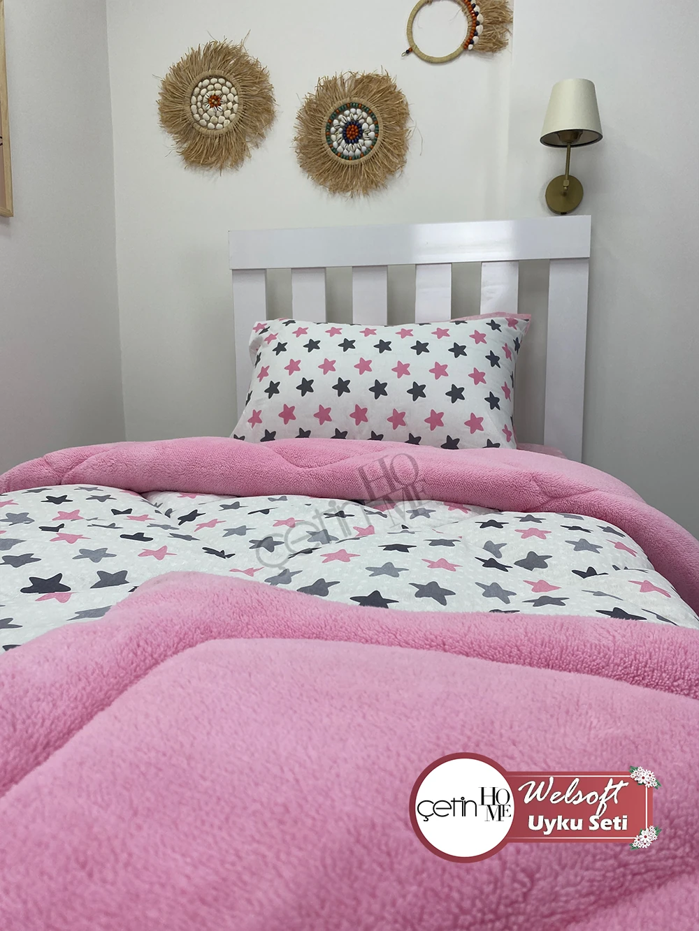 Çetinhome Tek Kişilik Çarşafı Lastikli Desenli Welsoft Yorgan Yıldız Pudra