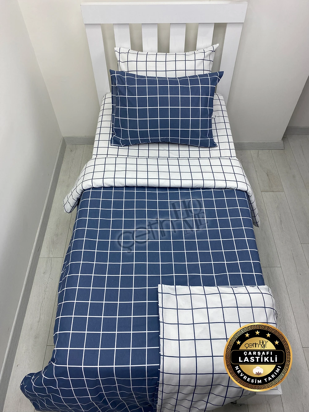 Çetinhome Çarşafı Lastikli Tek Kişilik Nevresim Takımı Kare Mavi-Beyaz