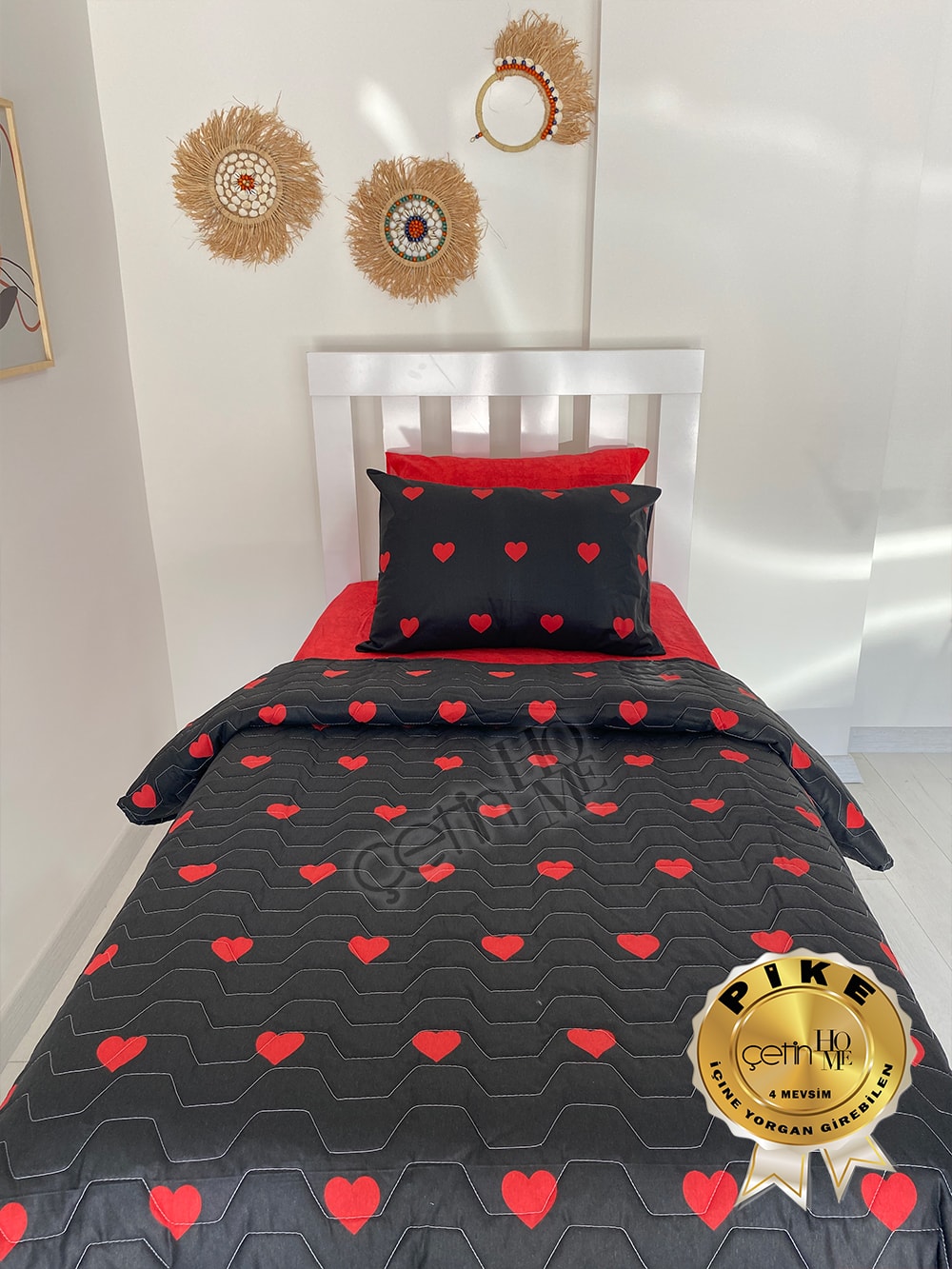 Çetinhome Tek Kişilik Çarşafı Lastikli Kapitone Pike Takımı 4 Mevsim Siyah Kalp