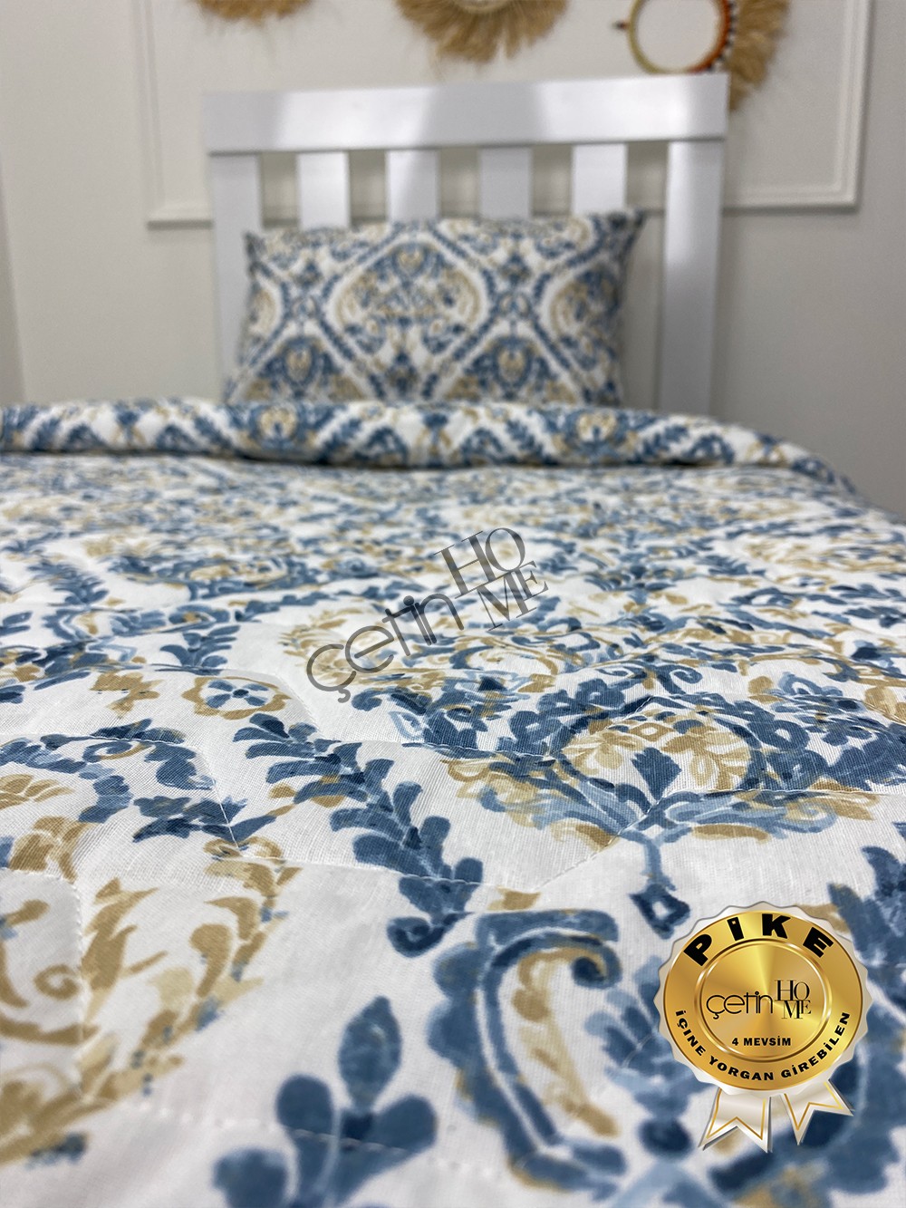 Çetinhome Tek Kişilik Çarşafı Lastikli Kapitone Pike Takımı 4 Mevsim Harem Mavi