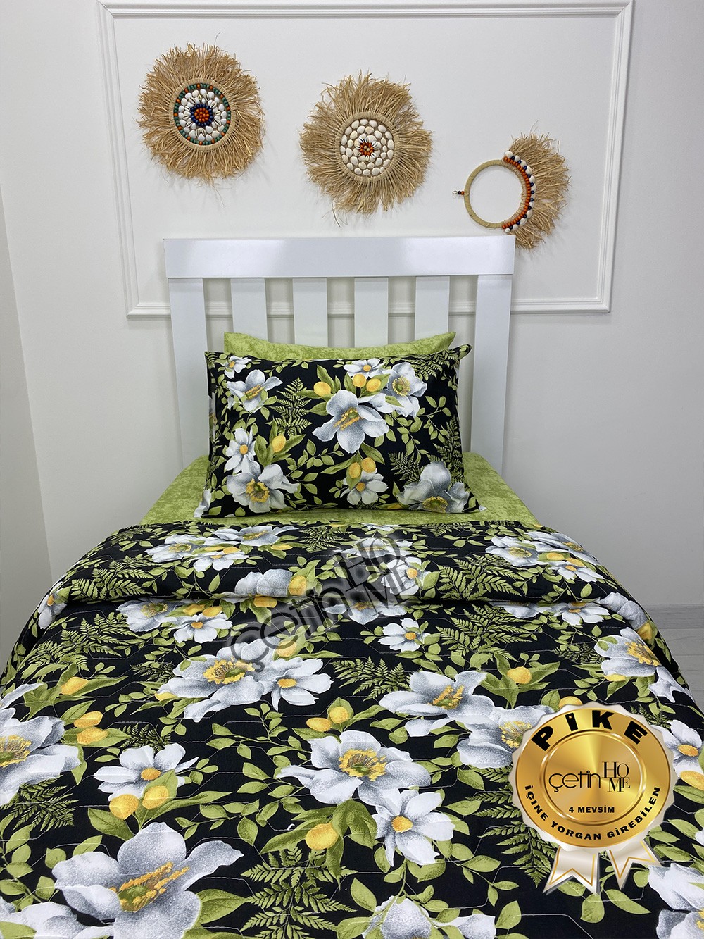 Çetinhome Tek Kişilik Çarşafı Lastikli Kapitone Pike Takımı 4 Mevsim Limon Çiçeği
