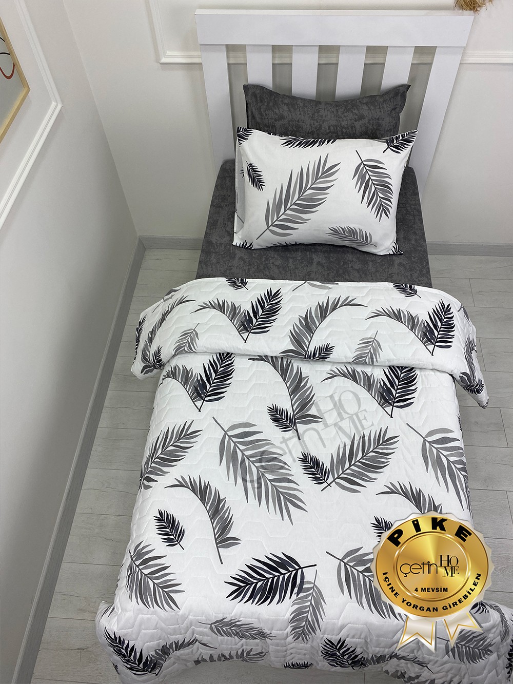 Çetinhome Tek Kişilik Çarşafı Lastikli Kapitone Pike Takımı 4 Mevsim Palm