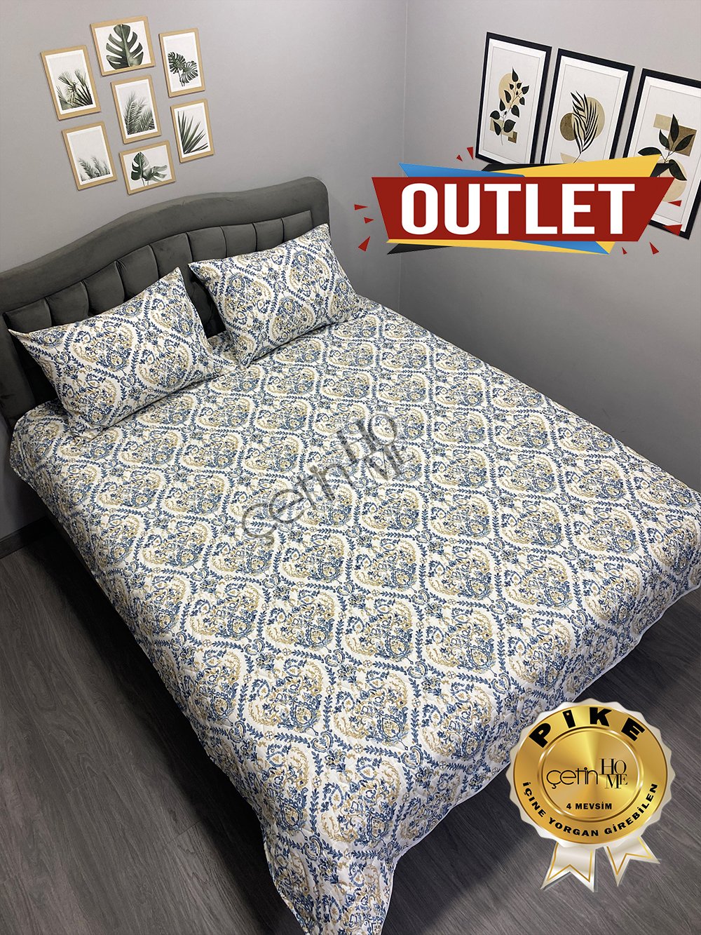 Outlet Çift Kişilik Kapitone Pike Seti 4 Mevsim Harem Mavi