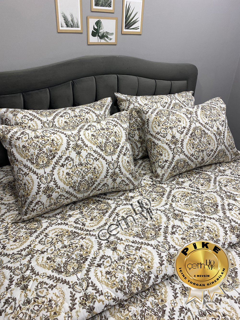 Çetinhome Çift Kişilik Çarşafı Lastikli Kapitone Pike Takımı 4 Mevsim Harem Gold