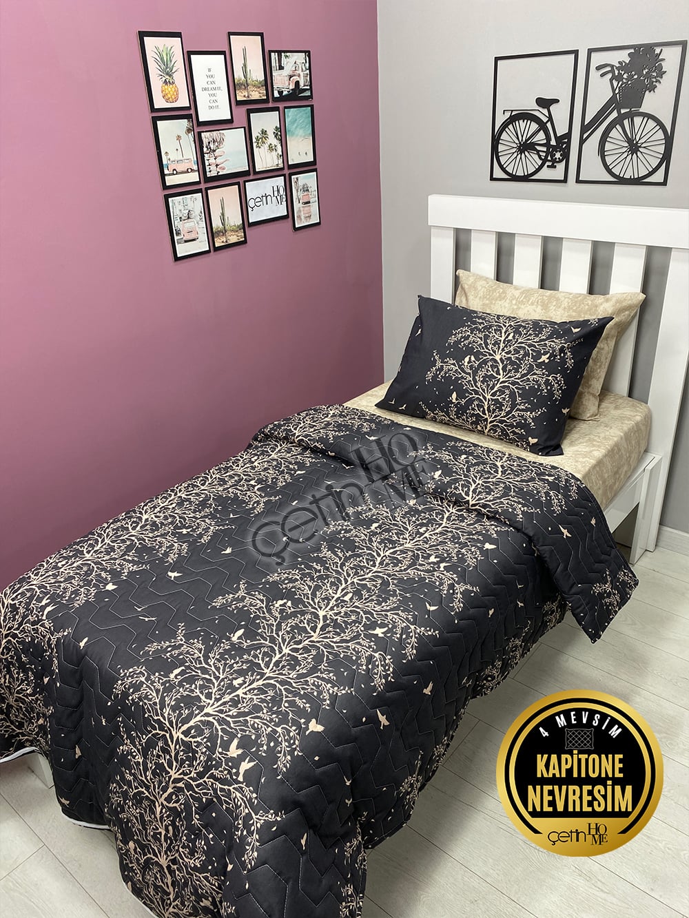 Çetinhome Tek Kişilik Çarşafı Lastikli Kapitone Pike Takımı 4 Mevsim Silva Siyah