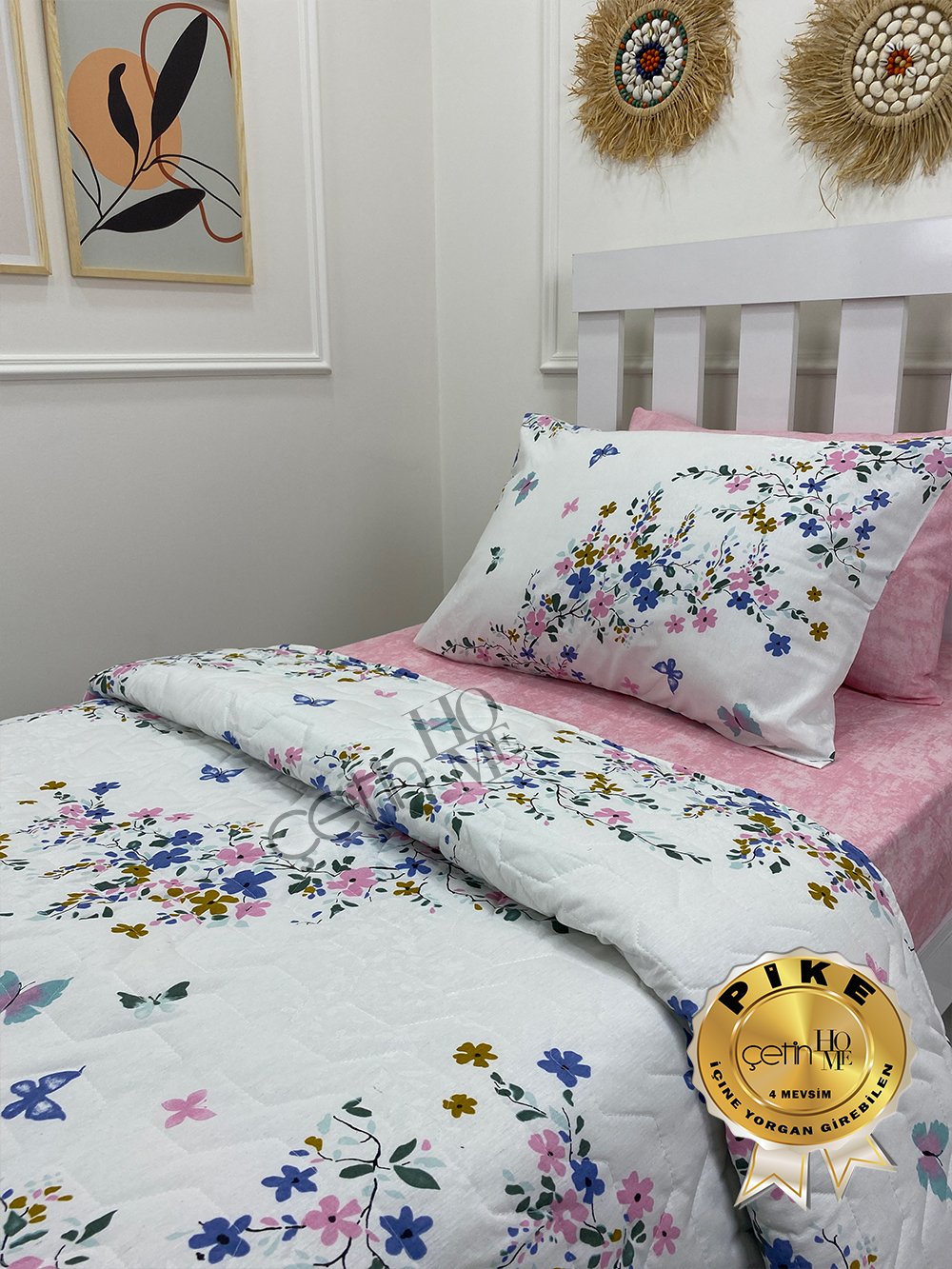 Çetinhome Tek Kişilik Çarşafı Lastikli Kapitone Pike Takımı 4 Mevsim Bahar