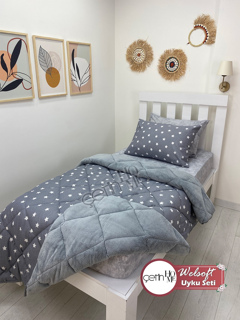 Çetinhome Tek Kişilik Çarşafı Lastikli Desenli Welsoft Yorgan Star