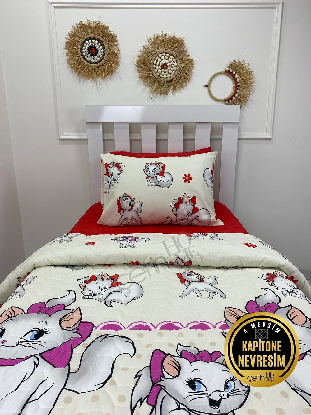 Çetinhome Tek Kişilik Çarşafı Lastikli Kapitone Pike Takımı 4 Mevsim Sevimli Kedi