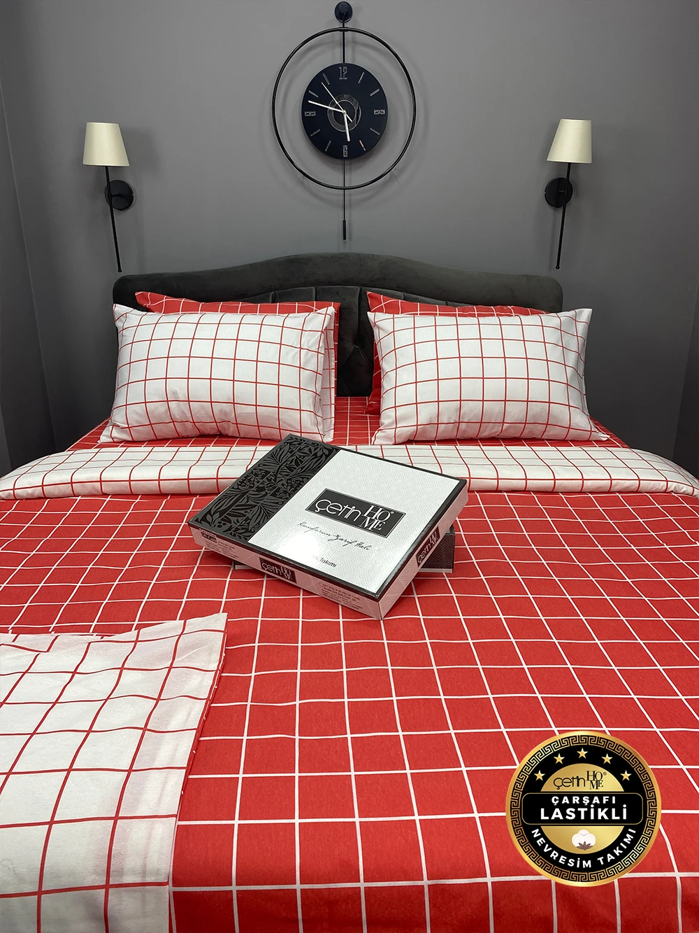 Çetinhome Çarşafı Lastikli Çift Kişilik Nevresim Takımı Kare Kiremit