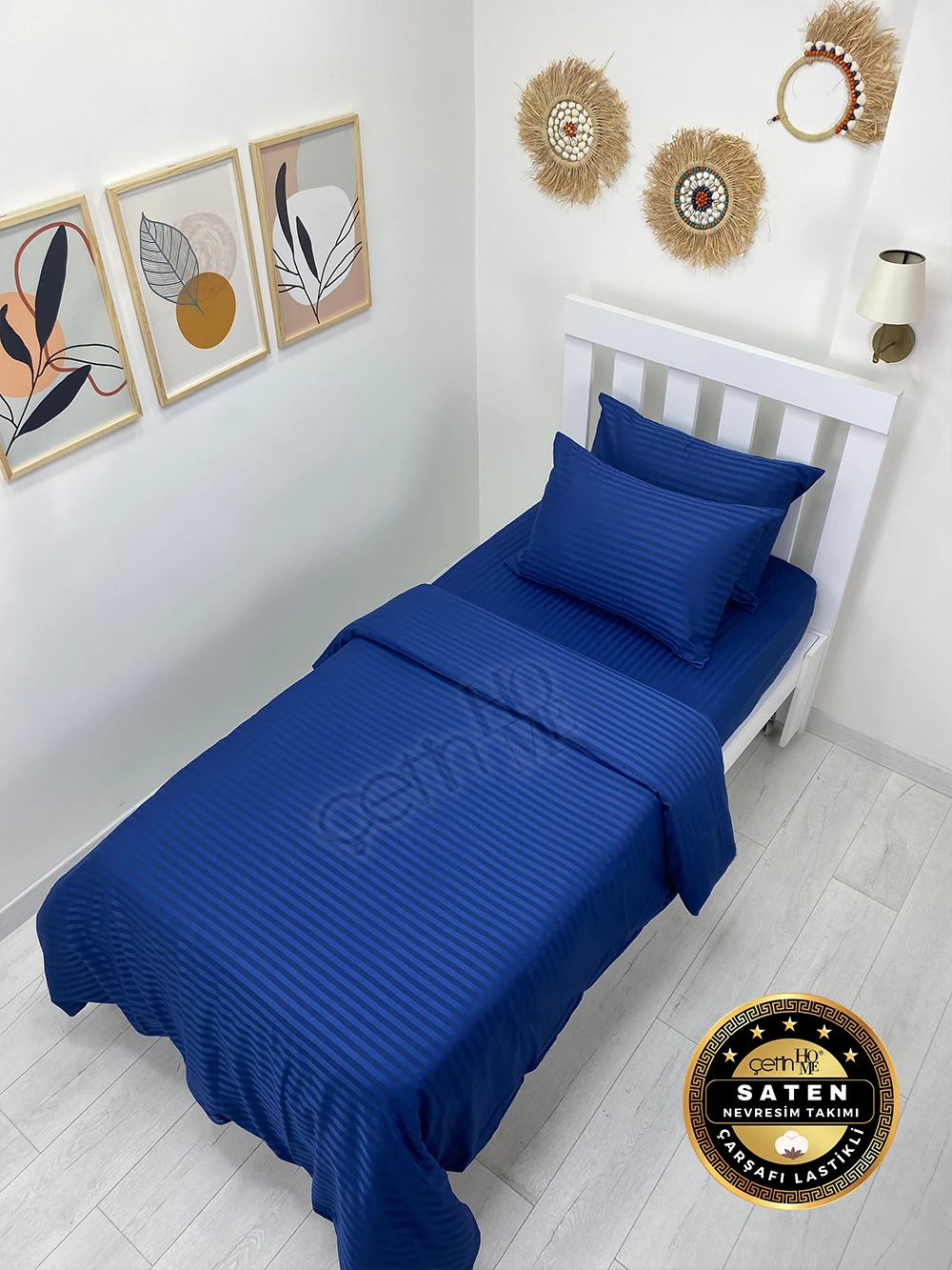 Çetinhome Tek Kişilik Çizgili Saten Nevresim Takımı - Saks Mavi