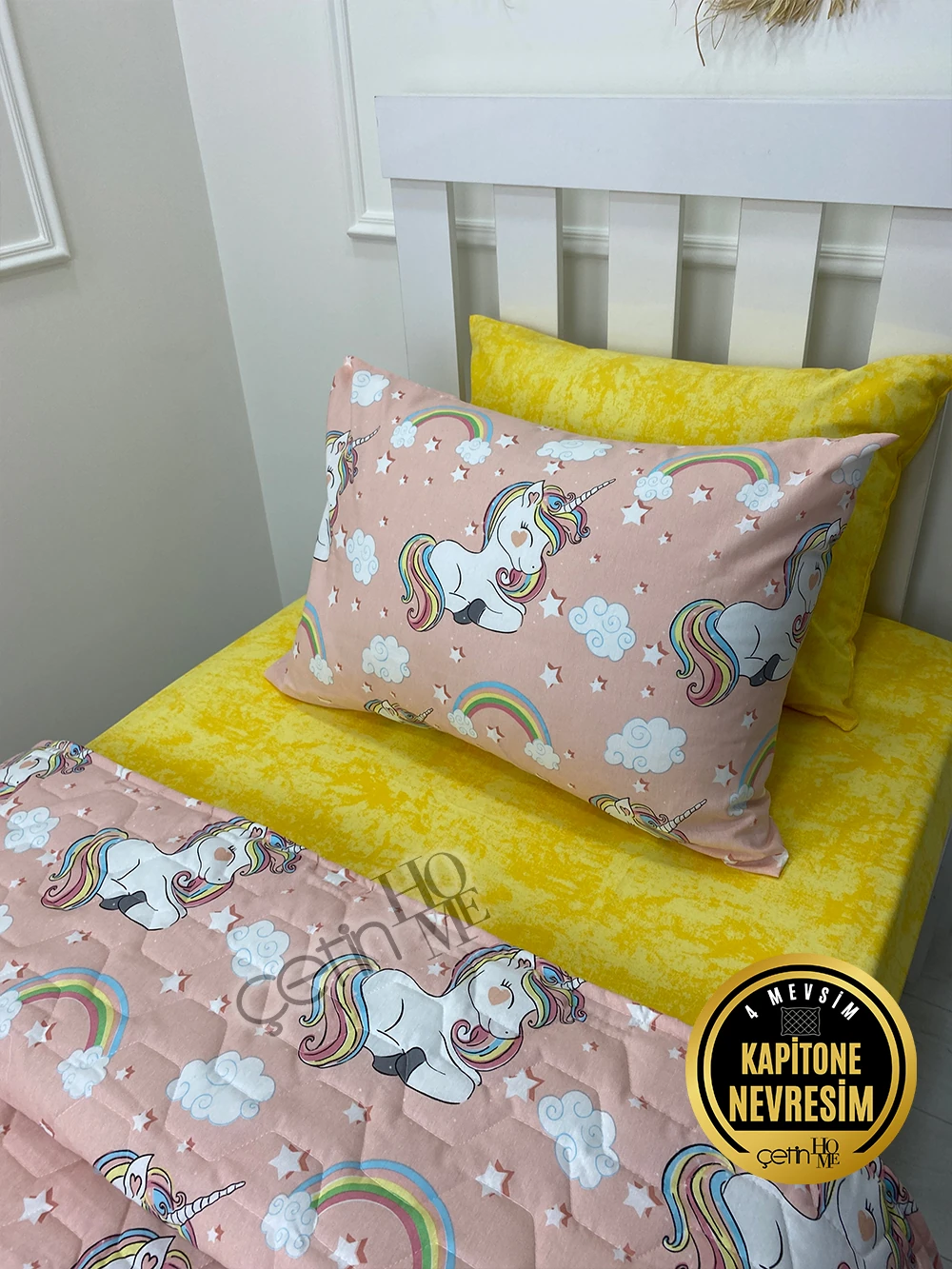 Çetinhome Tek Kişilik Çarşafı Lastikli Kapitone Pike Takımı 4 Mevsim Unicorn