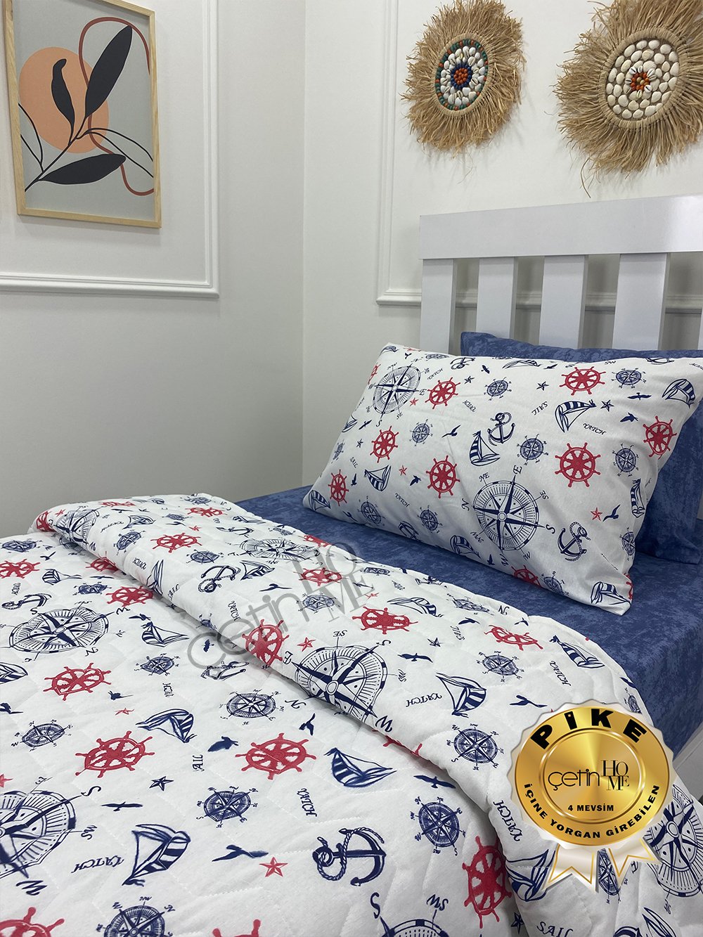 Çetinhome Tek Kişilik Çarşafı Lastikli Kapitone Pike Takımı 4 Mevsim Denizci Mavi