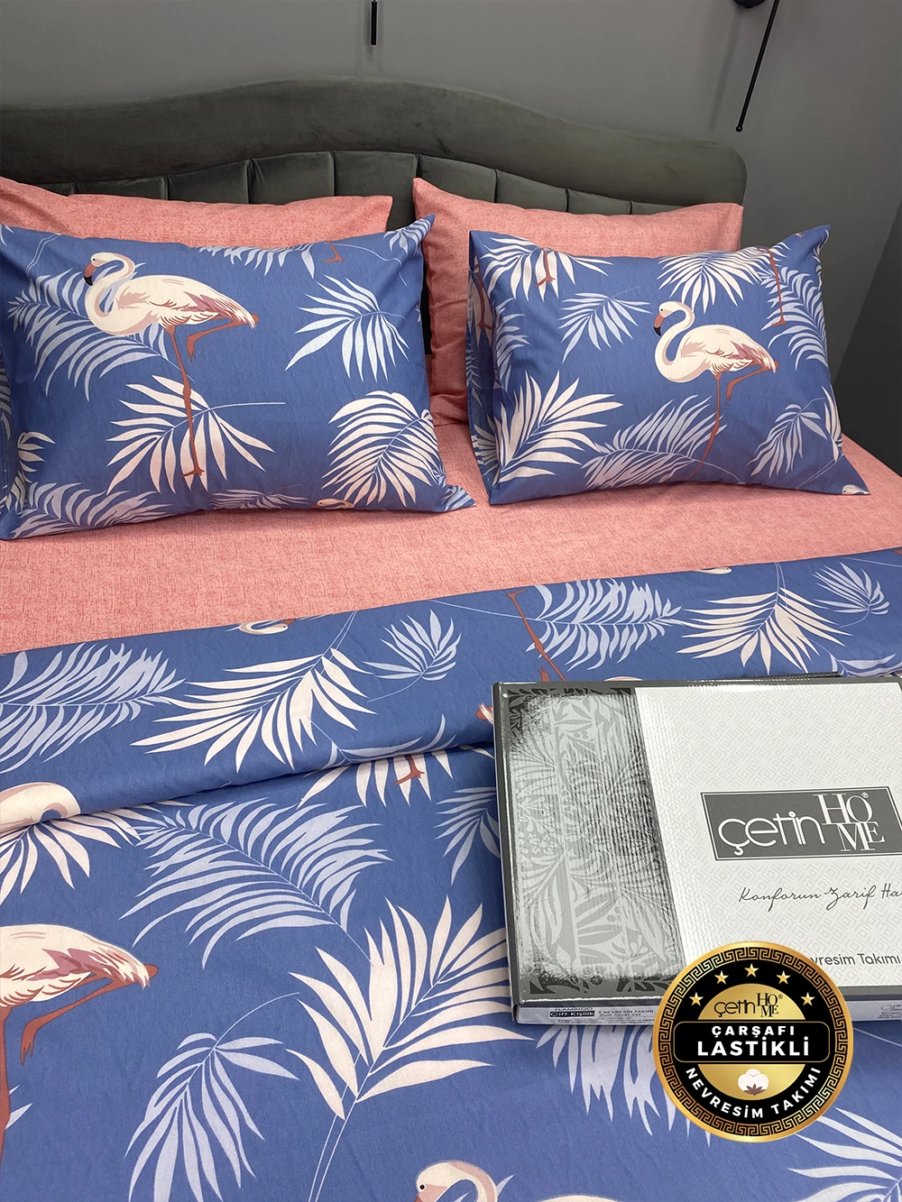 Çetinhome Çarşafı Lastikli Çift Kişilik Nevresim Takımı Kuğu