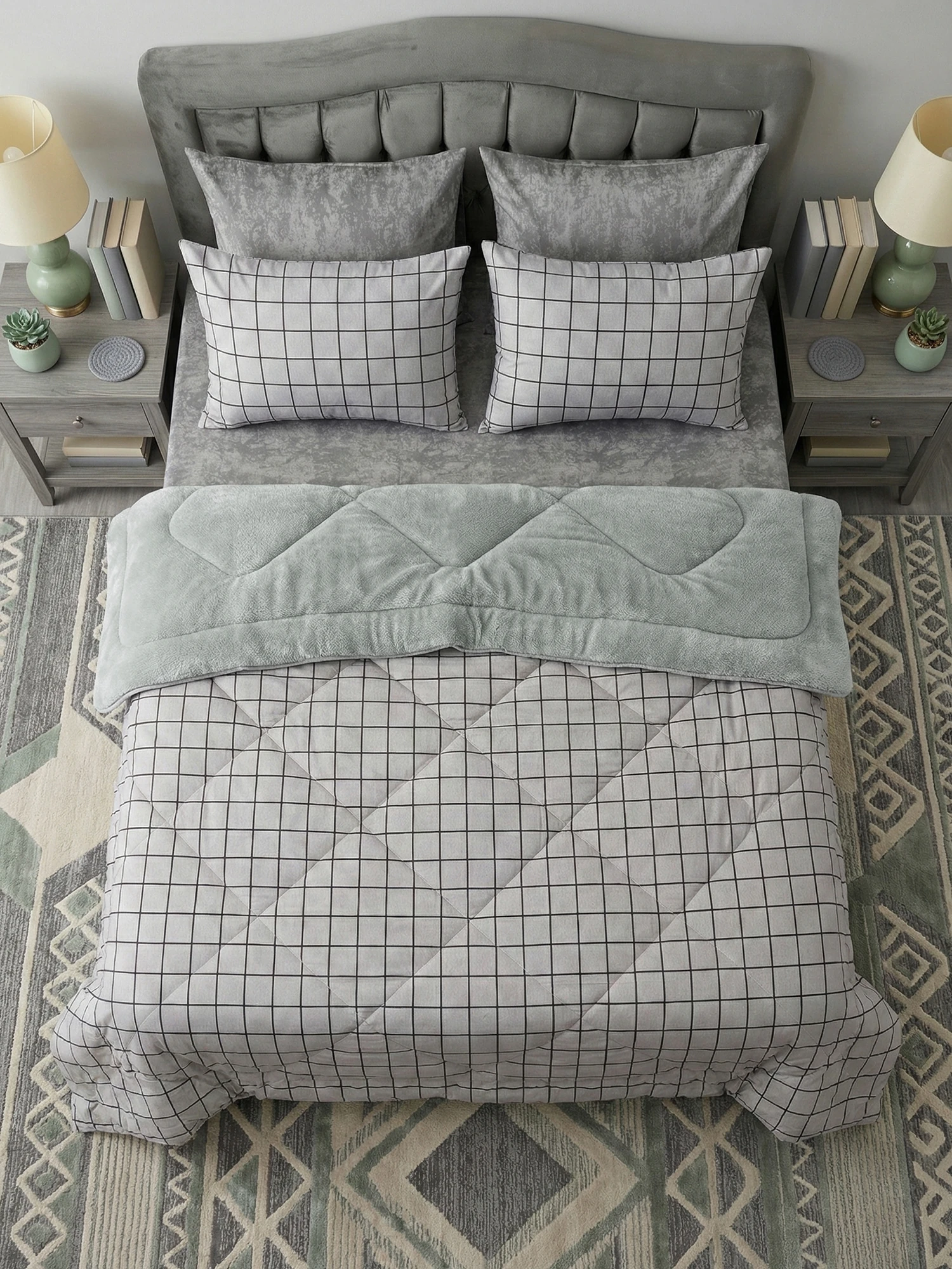 Çetinhome Çift Kişilik Çarşafı Lastikli Desenli Welsoft Yorgan Seti Kare Füme