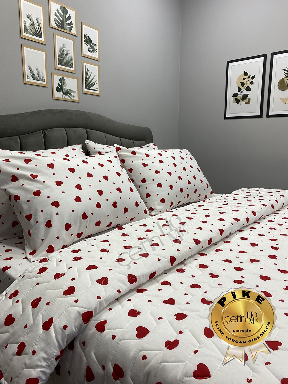Çetinhome Çift Kişilik Çarşafı Lastikli Kapitone Pike Takımı 4 Mevsim Kalp