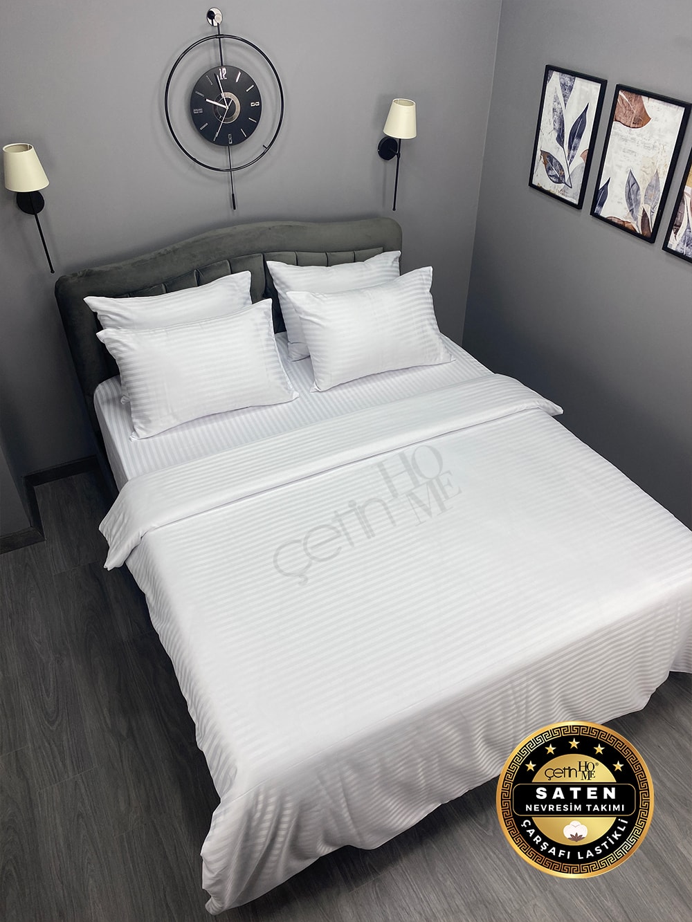 Çetinhome Çizgili Saten Nevresim Takımı - Beyaz