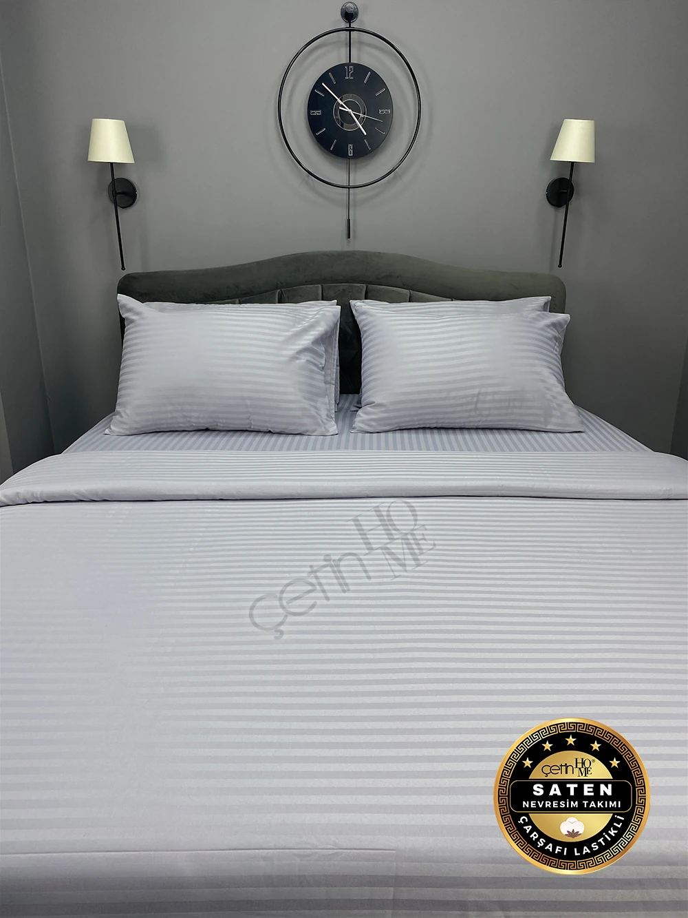 Çetinhome Çift Kişilik Çizgili Saten Nevresim Takımı