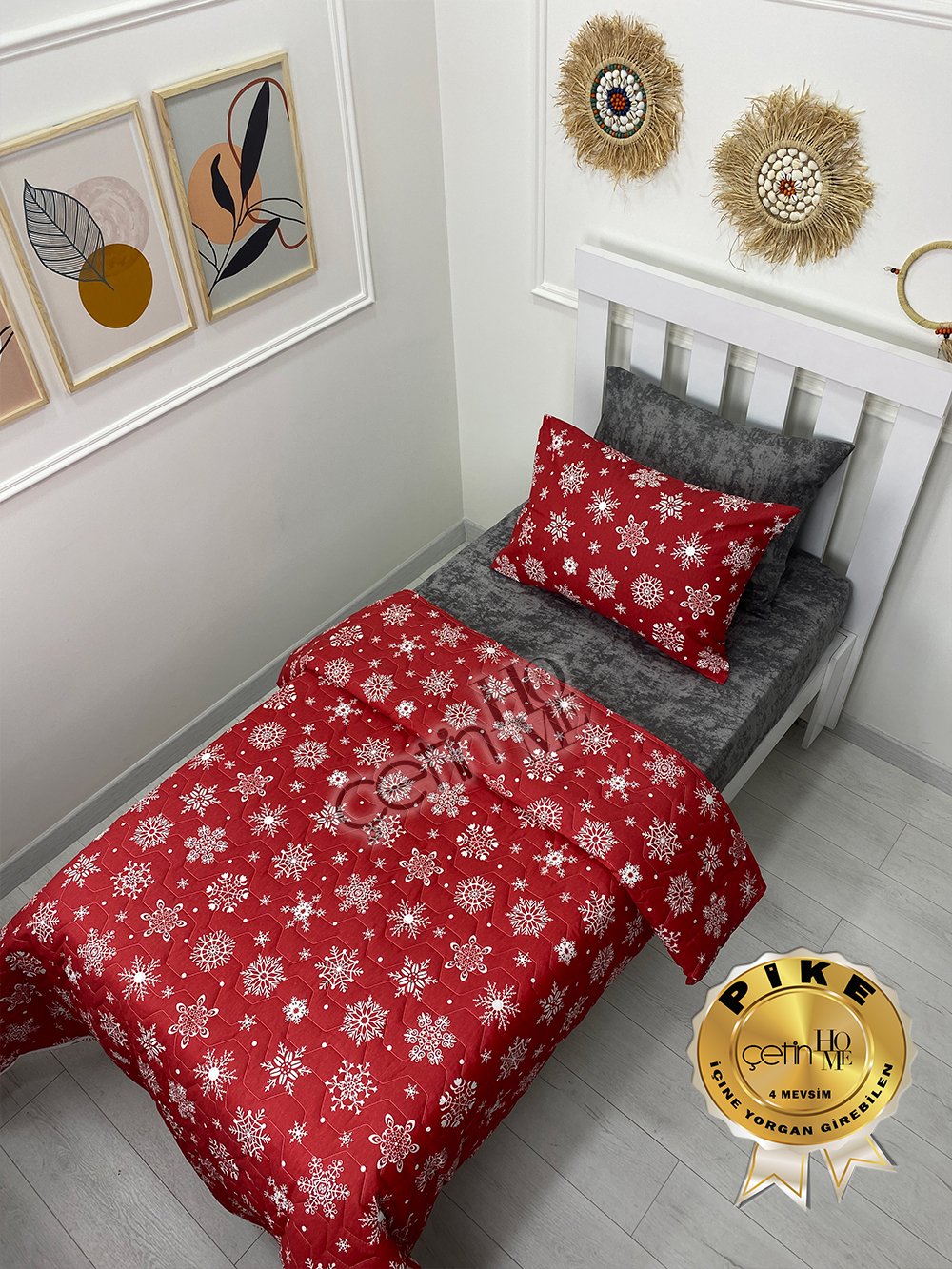 Çetinhome Tek Kişilik Çarşafı Lastikli Kapitone Pike Takımı 4 Mevsim Kar