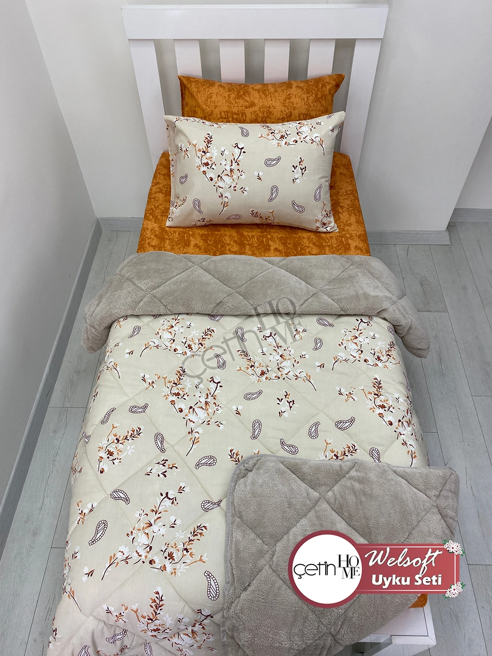 Çetinhome Tek Kişilik Çarşafı Lastikli Desenli Welsoft Yorgan Lavinya Bej