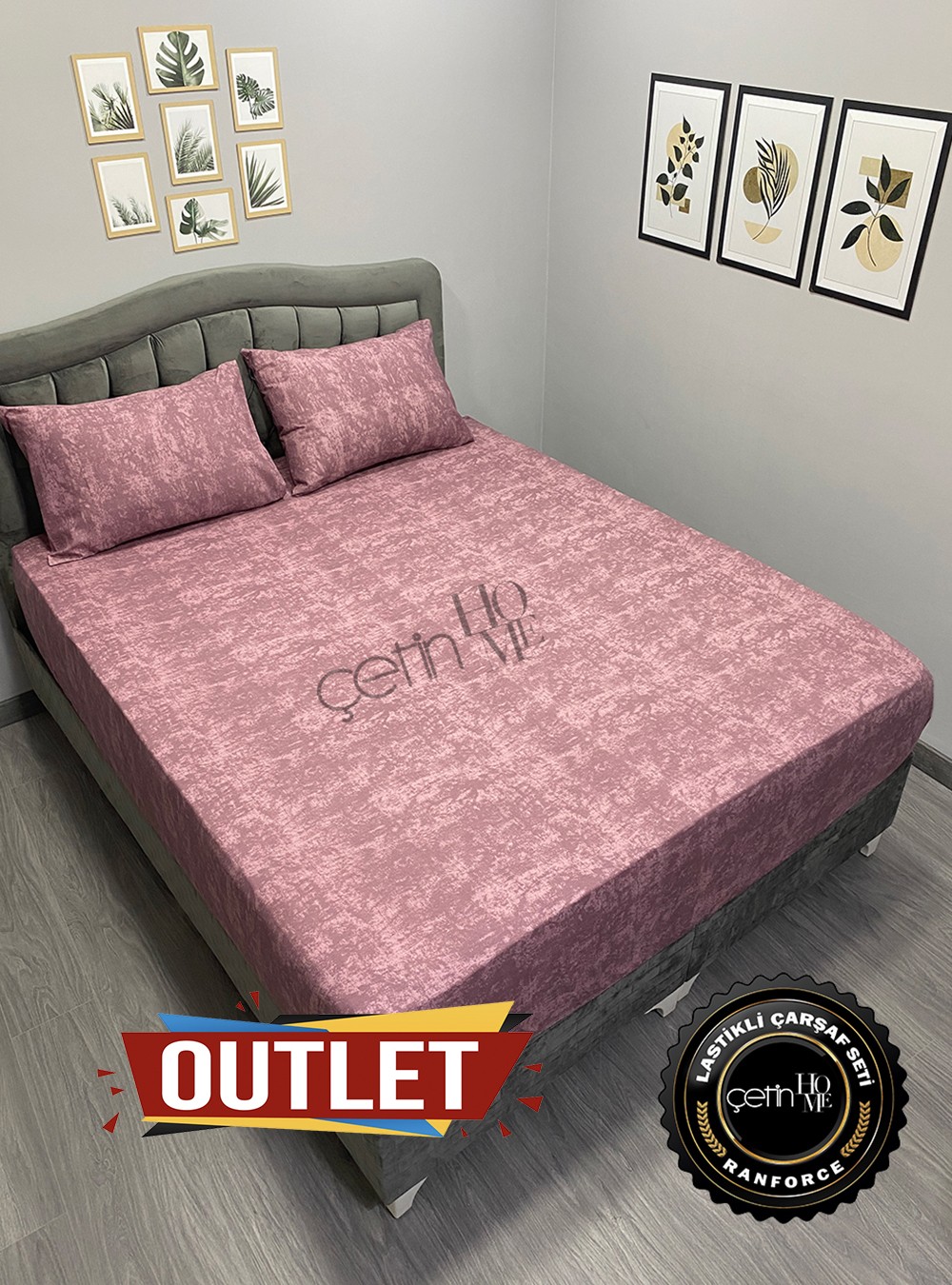 Outlet Kumaş Lastikli Çarşaf Seti Çift Kişilik Gül Kurusu